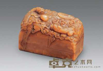 清 寿山石雕双龙戏珠章 7.6cm